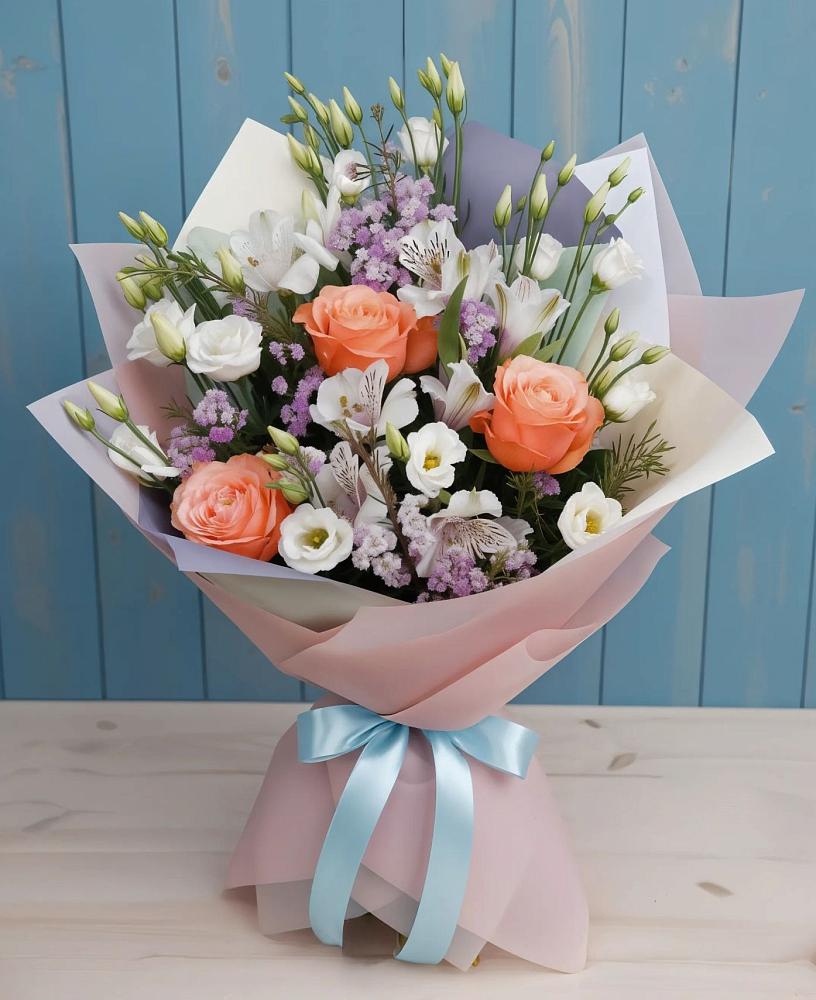 Букет цветов из: Лизиантусы, Розы, Альстромерии и Гипсофила в Тарбагатае Республики Бурятия